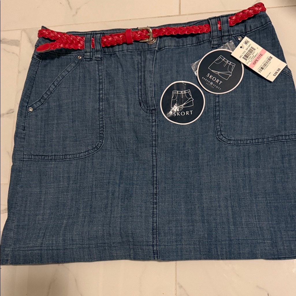 Karen Scott Blue Skort With Red Belt Size 10p Nwt